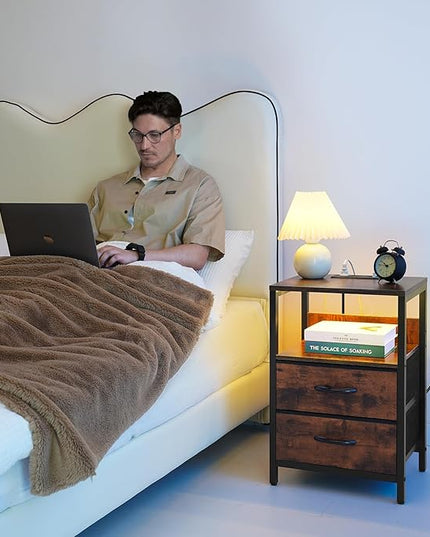 Yoobure Nightstand with Charging Station, LED Night Stand with Fabric Drawers and Storage Shelf for Bedroom, Nightstands Bedside Tables with USB Ports & Outlets, Small Night Stands, Bed Side Table - LeafyLoom