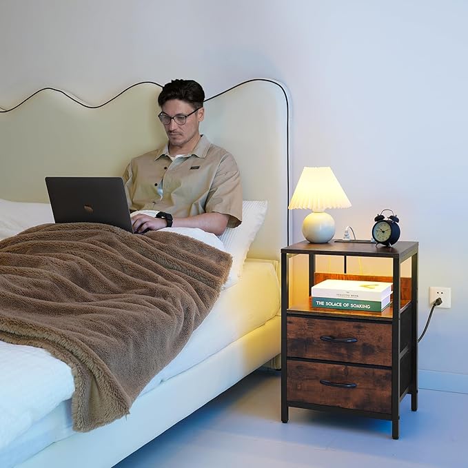 Yoobure Nightstand with Charging Station, LED Night Stand with Fabric Drawers and Storage Shelf for Bedroom, Nightstands Bedside Tables with USB Ports & Outlets, Small Night Stands, Bed Side Table - LeafyLoom