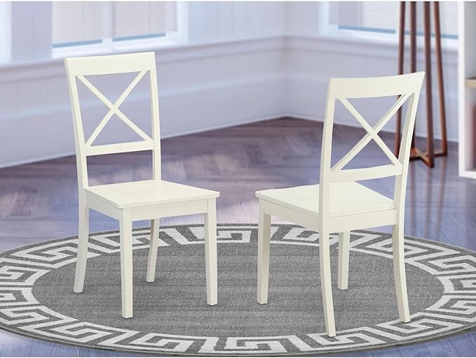 East West Furniture Boston Dining Room Cross Back Solid Wood Seat Chairs, Set of 2, Linen White - LeafyLoom