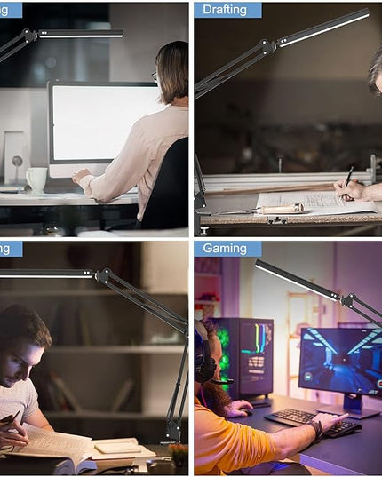LED Desk Lamp,Adjustable Swing Arm Desk Lamp with Clamp,Dimmable Desk Light Eye-Care Table Light, Memory Function, 3 Color Modes, 10-Level Brightness Table Lamp for Home, Office, Study, Reading - LeafyLoom
