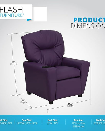 Flash Furniture Chandler Vinyl Kids Recliner with Cup Holder and Safety Recline, Contemporary Reclining Chair for Kids, Supports up to 90 lbs., Purple - LeafyLoom