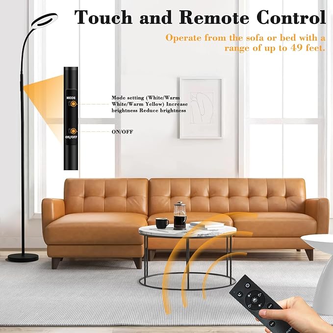 LED Floor Lamp, 12W/1000LM Reading Light, 3 Color Temperatures Bright Modern Tall Lamp, Adjustable Gooseneck Standing Lamp with Remote & Touch Control for Living Room, Bedroom, Office - LeafyLoom