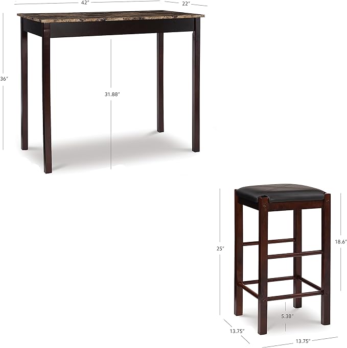 Linon Brown 3-Piece Table Faux Marble Tavern Set, 42" w x 22.25" d x 36" h - LeafyLoom