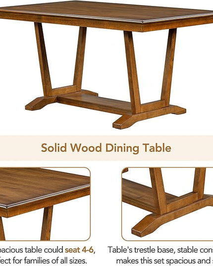 NicBex Small Dining Table Set for 4 Kitchen Table Set 5-Piece Dining Table Set with 4 Upholstered Chairs, 59-inch Rectangular Dining Table with Trestle Table Base, Walnut - LeafyLoom