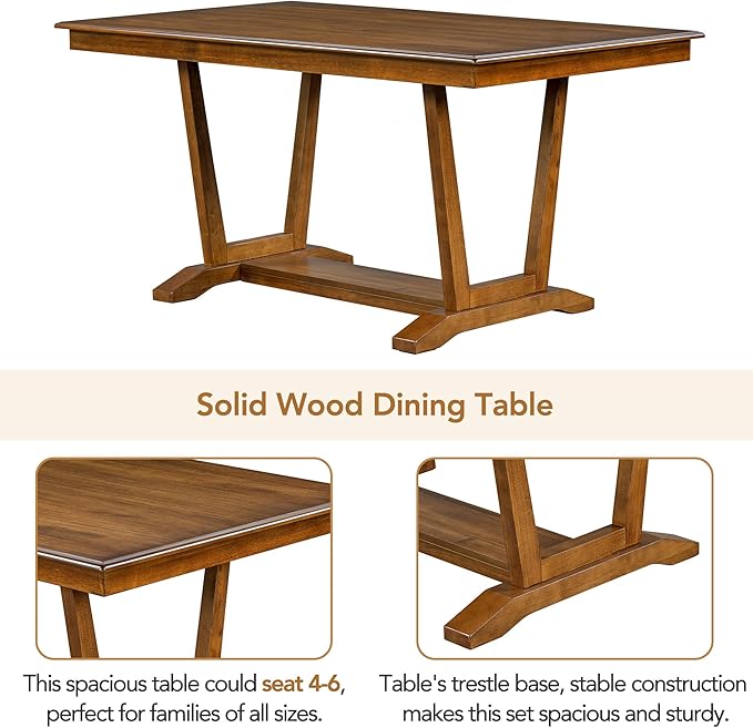 NicBex Small Dining Table Set for 4 Kitchen Table Set 5-Piece Dining Table Set with 4 Upholstered Chairs, 59-inch Rectangular Dining Table with Trestle Table Base, Walnut - LeafyLoom