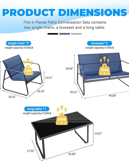 4 Pieces Patio Furniture Set Outdoor Patio Conversation Sets Poolside Lawn Chairs with Glass Coffee Table Porch Furniture for Courtyard, Garden and Balcony (Blue) - LeafyLoom