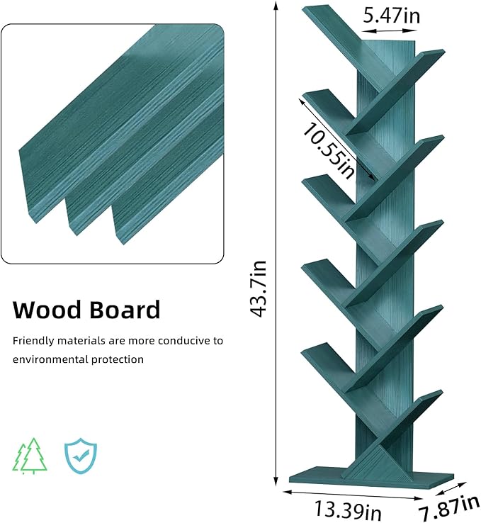 10 Tier Tree Book Shelf, Floor Standing Wood Bookshelf for Narrow Space, Storage Organizer Bookshelves for Books/CDs/Magazine, Bookcase with Shelves for Home Office, Living Room - Blue - LeafyLoom