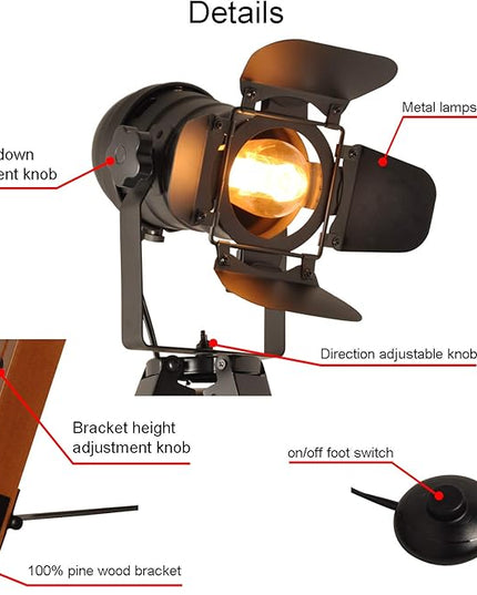Decoluce Vintage Tripod Floor Lamp, Height Adjustable Wooden Camera Tripod Rotatable Spotlight Tall Standing Light, Nostalgic Cinema lamps for Living Room, Bedroom, Studios Decor(Black) - LeafyLoom