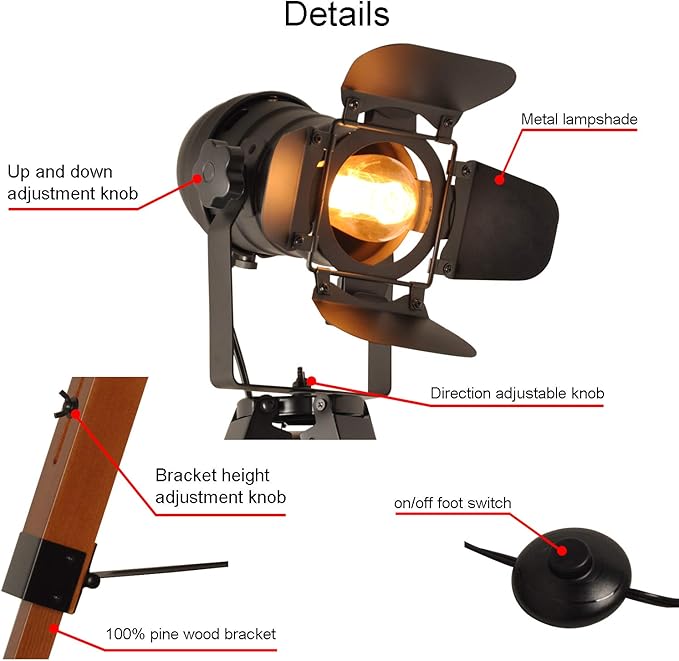 Decoluce Vintage Tripod Floor Lamp, Height Adjustable Wooden Camera Tripod Rotatable Spotlight Tall Standing Light, Nostalgic Cinema lamps for Living Room, Bedroom, Studios Decor(Black) - LeafyLoom