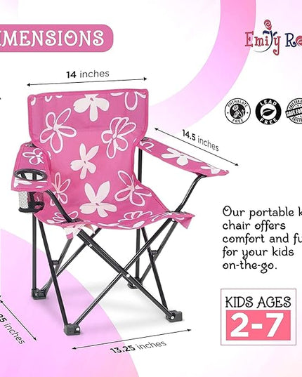 Emily Rose Kids Folding Chair | USA Company | Pink Kid Beach Chair with Safety Lock- Camping Chair for Girls Toddler with Cup Holder & Carry Case- Tailgate, Travel, Beach, Lawn- for Indoor & Outdoor - LeafyLoom