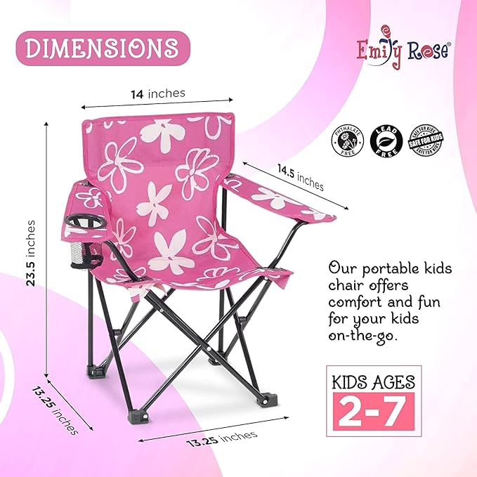 Emily Rose Kids Folding Chair | USA Company | Pink Kid Beach Chair with Safety Lock- Camping Chair for Girls Toddler with Cup Holder & Carry Case- Tailgate, Travel, Beach, Lawn- for Indoor & Outdoor - LeafyLoom
