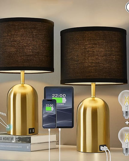 3-Way Dimmable Table Lamp Set of 2 for Living Room,Touch Control Modern Bedside Lamps with 2 USB Ports Nightstand Lamp with Black Shade and Gold Base for Bedroom Reading Room Hotel Office - LeafyLoom