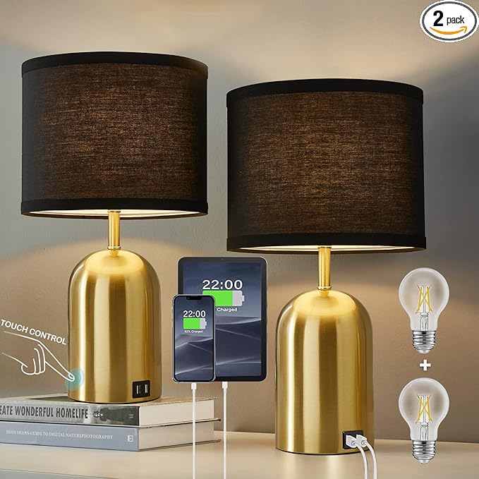 3-Way Dimmable Table Lamp Set of 2 for Living Room,Touch Control Modern Bedside Lamps with 2 USB Ports Nightstand Lamp with Black Shade and Gold Base for Bedroom Reading Room Hotel Office - LeafyLoom