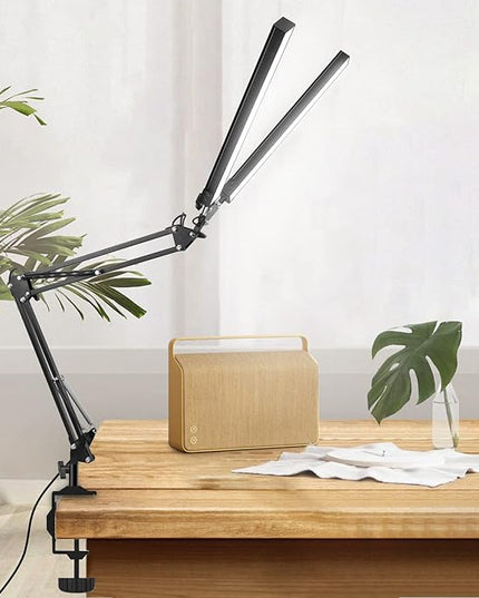 2-in-1 LED Double Head Desk Lamps for Home Office, 24W Brightest Workbench Light, Architect Lamp with Clamp & Base, 3 Colors 10 Dimming Swing Arm Lamp for Reading/Study/Computer Light - LeafyLoom