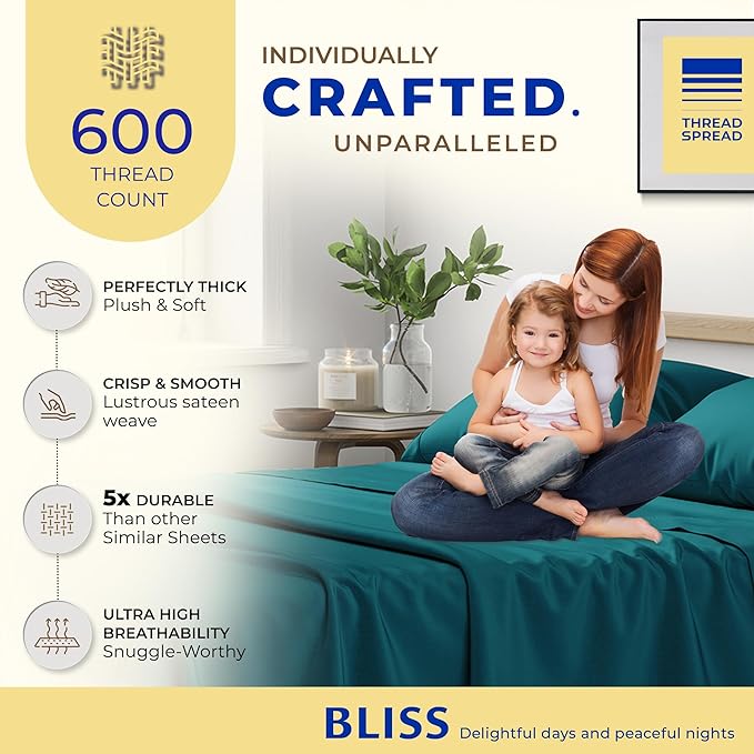 THREAD SPREAD Luxury Egyptian Cotton Sheets King Size - 600 Thread Count Sheets King 4 PC Luxury Sheets King Size, 16" Deep Pocket, Extra Soft, Cooling Sateen Weave Hotel Luxury Bed Sheets Set - Teal - LeafyLoom