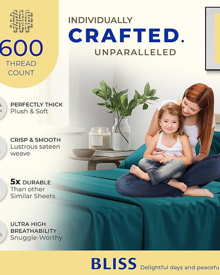 THREAD SPREAD 100% Egyptian Cotton Sheets Twin - 600 Thread Count Sheets Twin, 3 PC Deep Pocket Twin Sheets, Soft, Cooling Sateen Weave Extra Long Twin Sheets for Dorm, 16 in Deep Pocket - Teal - LeafyLoom