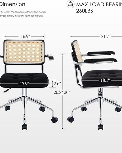 Zesthouse Modern Home Office Chair Velvet Desk Chair with Natural Rattan Back, Vanity Chair for Girls Women, Upholstered Tufted Swivel Armchair, Height Adjustable Computer Task Chair, Black - LeafyLoom