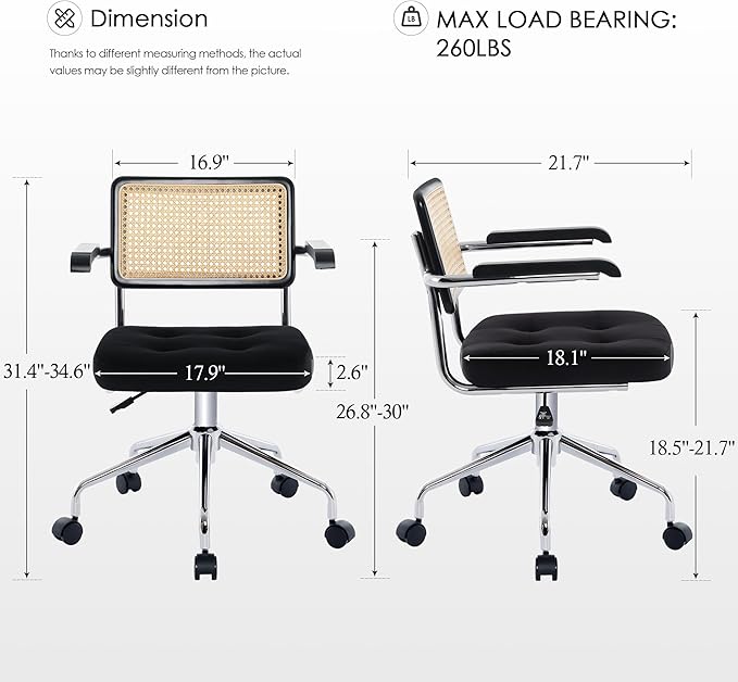 Zesthouse Modern Home Office Chair Velvet Desk Chair with Natural Rattan Back, Vanity Chair for Girls Women, Upholstered Tufted Swivel Armchair, Height Adjustable Computer Task Chair, Black - LeafyLoom