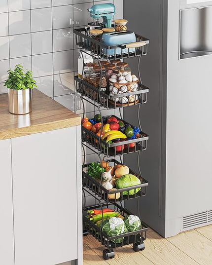 Wisdom Star 5 Tier Fruit Vegetable Basket for Kitchen, Fruit Vegetable Storage Cart, Vegetable Basket Bins, Wire Storage Basket Organizer Utility Cart with Wheels, Medium, Black - LeafyLoom