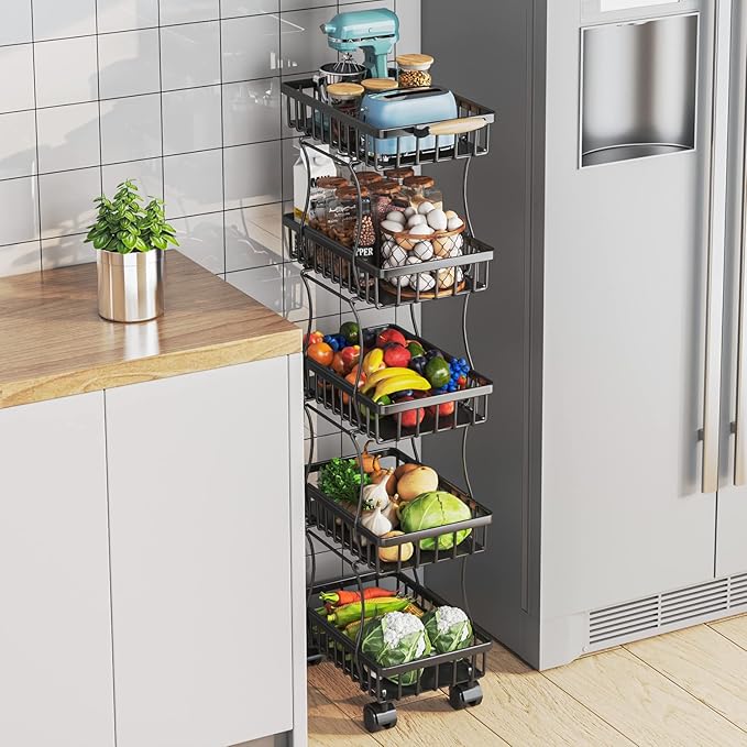 Wisdom Star 5 Tier Fruit Vegetable Basket for Kitchen, Fruit Vegetable Storage Cart, Vegetable Basket Bins, Wire Storage Basket Organizer Utility Cart with Wheels, Medium, Black - LeafyLoom