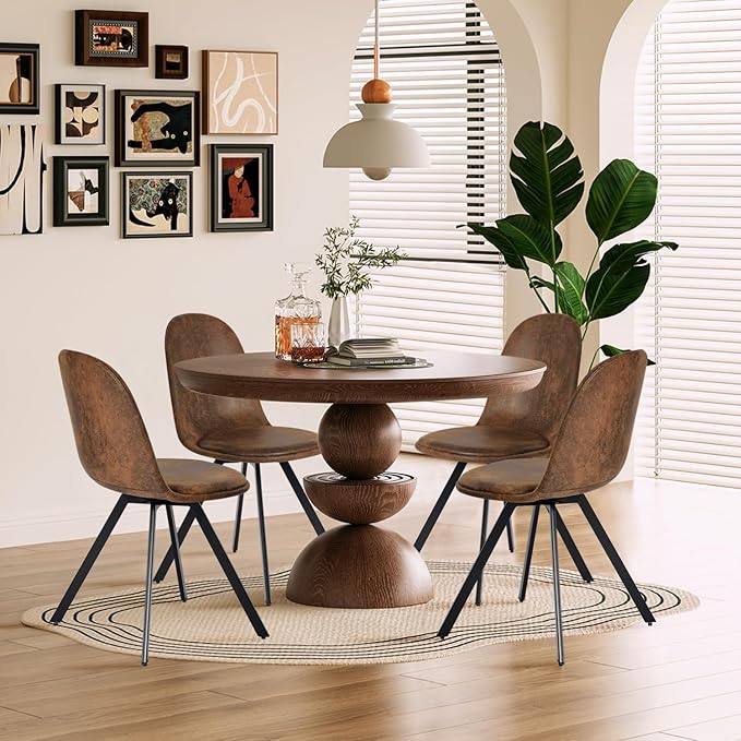 FurnitureR Swivel Dining Chairs Set of 4, Dining Room Chairs Suede Fabric Mid Back Armelss with Padded Rotated Seat Cushion and Metal Legs, Brown - LeafyLoom