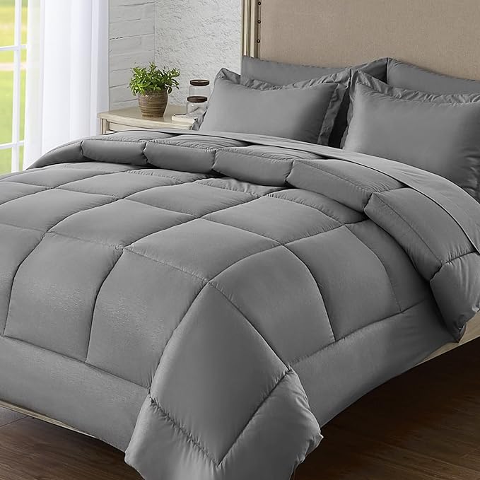 King Size Bed in a Bag 7 Pieces Comforter Set King, Wood Grain Texture Bedding Comforter Set Dark Grey Bed Set with Comforter, Pillowcases, Flat Sheet, Fitted Sheet and Pillow Shams - LeafyLoom