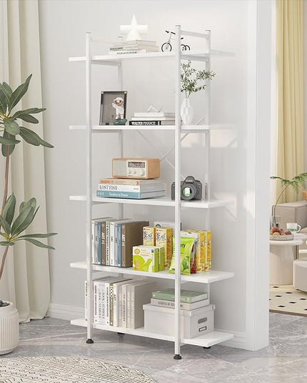 Bookshelf 5 Tiers White Wooden Storage Shelf,Modern Open Display Storage Bookcase Book Organizer,Metal Bookshelf Standing Storage Shelf Tall Shelving Units for Home Office Study - LeafyLoom