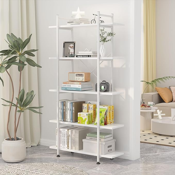 Bookshelf 5 Tiers White Wooden Storage Shelf,Modern Open Display Storage Bookcase Book Organizer,Metal Bookshelf Standing Storage Shelf Tall Shelving Units for Home Office Study - LeafyLoom