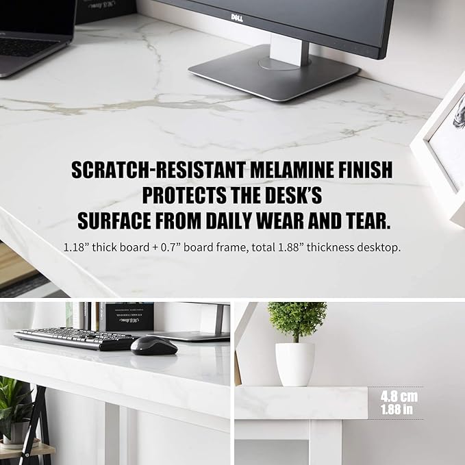 TOPSKY 59" Big Large Computer Office Desk 1.88" Thickness Desktop (White Marble Texture) - LeafyLoom