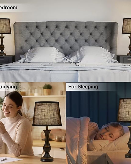 Luvkczc Table Lamps for Bedrooms Set of 2, Bedside Touch Lamps with USB C+A Charging Ports, Touch Bedside Lamps, Black Nightstand Lamps for Living Room, Bedroom, Office, LED Bulbs Included - LeafyLoom