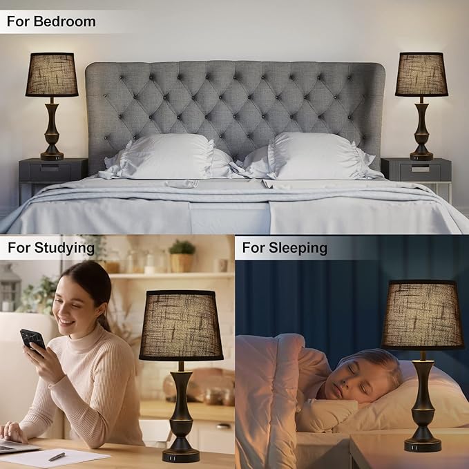 Luvkczc Table Lamps for Bedrooms Set of 2, Bedside Touch Lamps with USB C+A Charging Ports, Touch Bedside Lamps, Black Nightstand Lamps for Living Room, Bedroom, Office, LED Bulbs Included - LeafyLoom