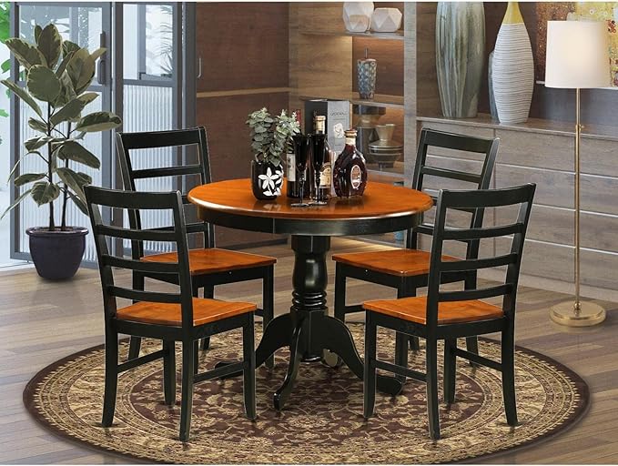 East West Furniture Antique 5 Piece Room Set includes a Round Kitchen Table with Pedestal and 4 Dining Chairs, 36x36 Inch, ANPF5-BLK-W - LeafyLoom