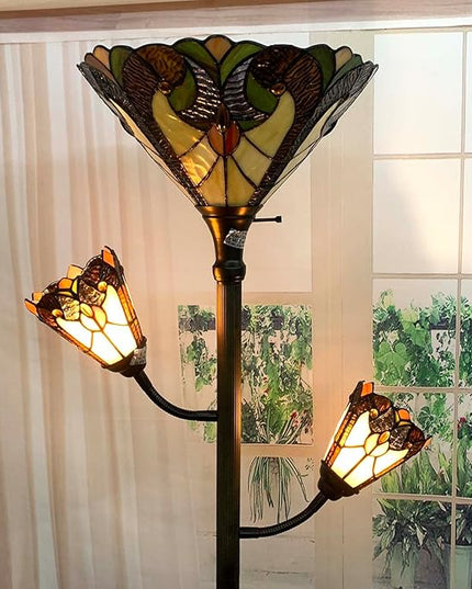 Bieye L10839 Baroque Tiffany Style Stained Glass Torchiere Floor Lamp with Sidelights for Reading, 70-inches Tall (Baroque, Brown) - LeafyLoom
