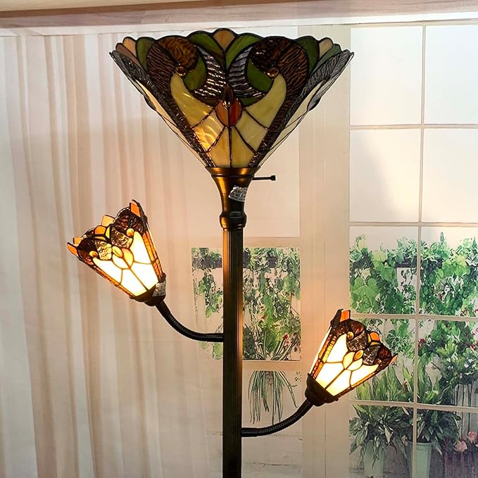 Bieye L10839 Baroque Tiffany Style Stained Glass Torchiere Floor Lamp with Sidelights for Reading, 70-inches Tall (Baroque, Brown) - LeafyLoom