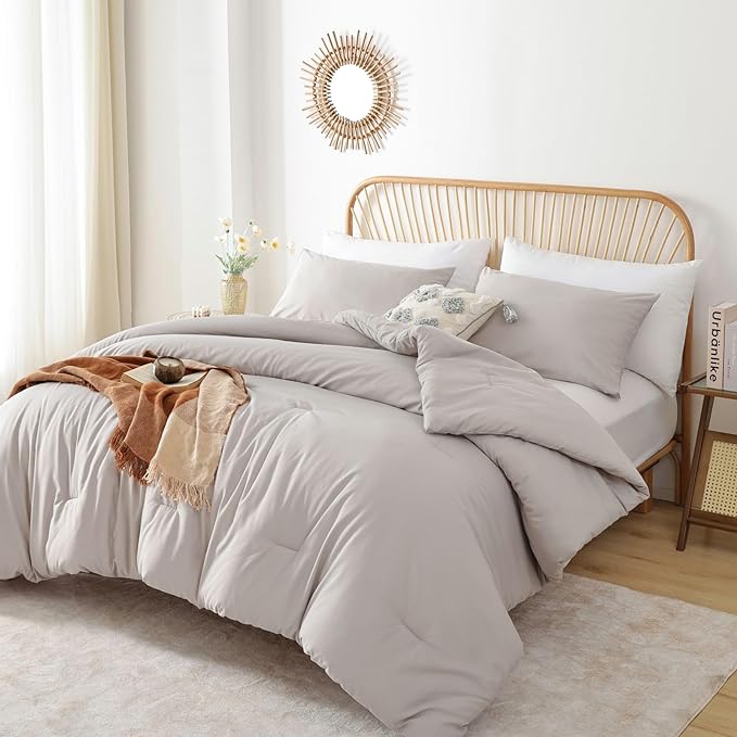 ROSGONIA Queen Comforter Set Linen Grey, 3pcs Queen Size Comforter(1 Boho Gray Comforter & 2 Pillowcases) All Season Lightweight Bedding Blanket Quilt - LeafyLoom