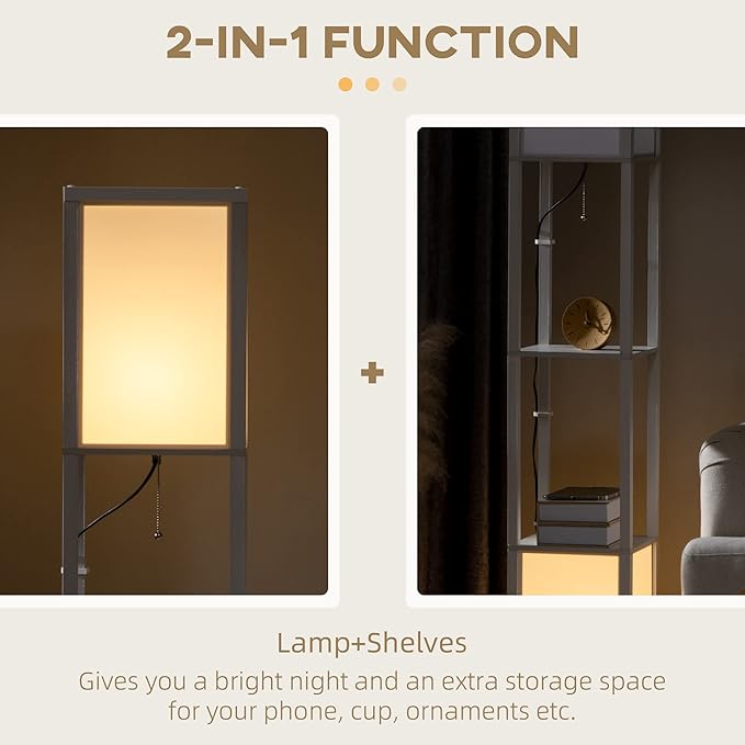 HOMCOM Modern Floor Lamp with Shelves & Dual Ambient Lighting, Tall Standing Lamp for Living Room, Bedroom with Fabric Lampshade (Bulb not Included), White - LeafyLoom