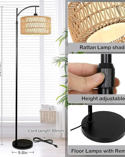 Floor Lamp for Living Room Bedroom with Remote Boho Rattan Arc Standing Lamp Dimmable Black Farmhouse Wicker Bamboo Lamp Shade Floor Light Adjustable Tall Lamp Industrial Floor Lamps Bohemian - LeafyLoom