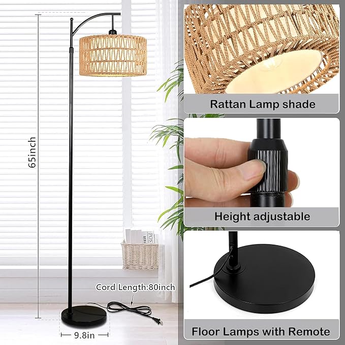 Floor Lamp for Living Room Bedroom with Remote Boho Rattan Arc Standing Lamp Dimmable Black Farmhouse Wicker Bamboo Lamp Shade Floor Light Adjustable Tall Lamp Industrial Floor Lamps Bohemian - LeafyLoom