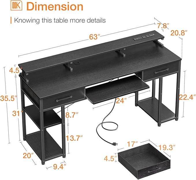 ODK Computer Desk with Drawers & Power Outlet, 63 Inch Office Desk with Keyboard Tray & Storage Shelves & PC Stand, Large Office Table Work Desk with Monitor Stand, Black - LeafyLoom
