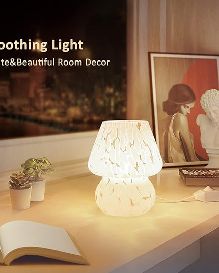 Mushroom Lamp Small Bedside Table Lamp-Nightstand Nightlight Dimmable Stepless, Translucent Glass White Desk Lamp for Bedroom Dorm Living Kitchen, Murano Style Aesthetic Cute Home Decor Gift - LeafyLoom
