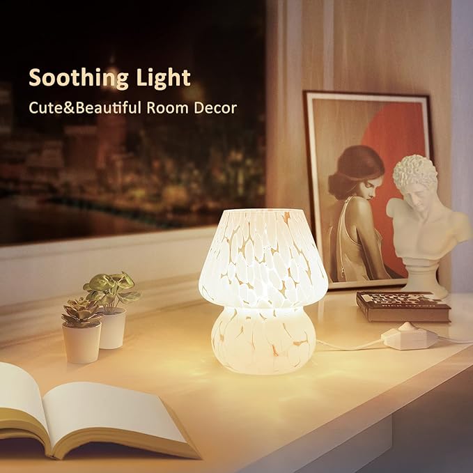 Mushroom Lamp Small Bedside Table Lamp-Nightstand Nightlight Dimmable Stepless, Translucent Glass White Desk Lamp for Bedroom Dorm Living Kitchen, Murano Style Aesthetic Cute Home Decor Gift - LeafyLoom