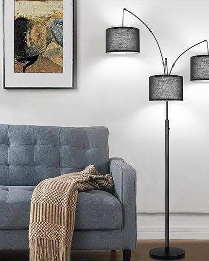 Dimmable Floor Lamp - 3 Lights Arc Floor Lamps for Living Room, 1000LM Modern Tall Standing Lamp With Black Shades & Heavy Base, Mid Century Tree Floor Lamp for Bedroom Office, 3 LED Bulbs Included - LeafyLoom