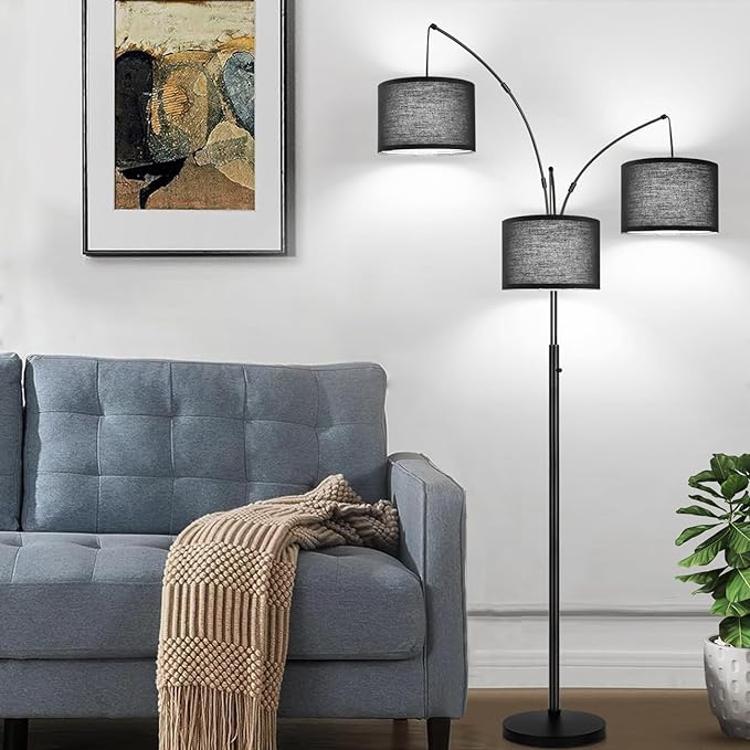 Dimmable Floor Lamp - 3 Lights Arc Floor Lamps for Living Room, 1000LM Modern Tall Standing Lamp With Black Shades & Heavy Base, Mid Century Tree Floor Lamp for Bedroom Office, 3 LED Bulbs Included - LeafyLoom
