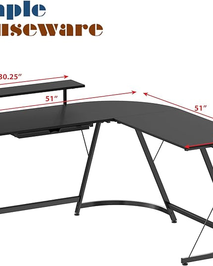 SHW Vista L-Shape Desk with Monitor Stand, Black - LeafyLoom