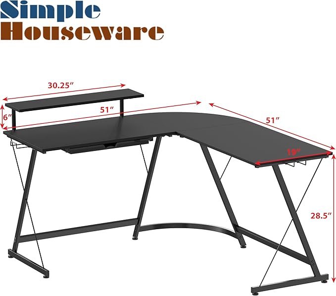SHW Vista L-Shape Desk with Monitor Stand, Black - LeafyLoom