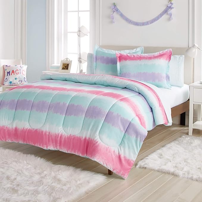 dream FACTORY Tie Dye Stripe 5-Piece Microfiber Bag Comforter Bedding Set Super Soft-Twin, Purple Multi,2D871601MU - LeafyLoom