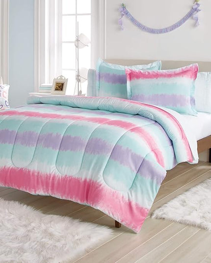 dream FACTORY Kids 7-Piece Complete Set Easy-Wash Super Soft Microfiber Comforter Bedding, Full, Purple Multi Tie Dye Stripe - LeafyLoom
