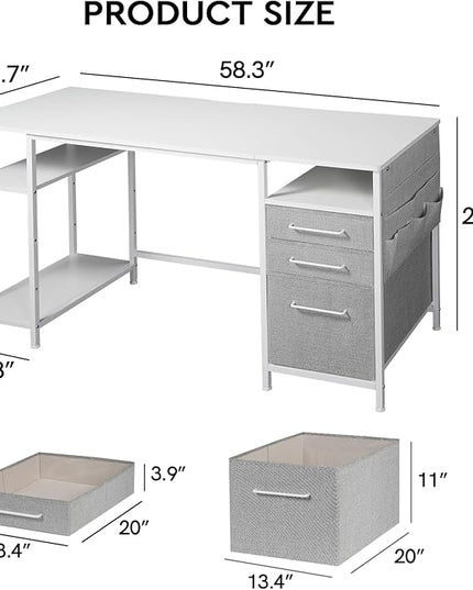 Ｍａｉｈａｉｌ Home Office Desk with Drawers and Adjustable Shelves, 59 inch Long Writing Desk with File Cabinet, Large Computer Desk with Storage, Vintage, White - LeafyLoom