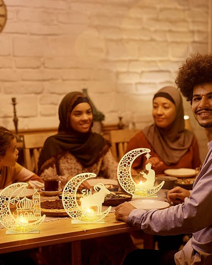 3Pcs Eid al Adha Night Light Decoration Wooden Table Decor, Moon Castle Sheep Wooden Centerpiece with Plastic LED Night Light for Eid al Adha Party Home Indoor Outdoor Bedroom Tabletop Decor - LeafyLoom