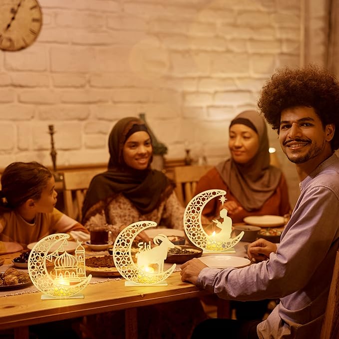 3Pcs Eid al Adha Night Light Decoration Wooden Table Decor, Moon Castle Sheep Wooden Centerpiece with Plastic LED Night Light for Eid al Adha Party Home Indoor Outdoor Bedroom Tabletop Decor - LeafyLoom